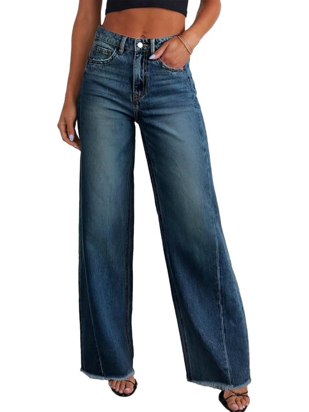 Women's Blue Cotton Blend High Waisted Stretchy Trendy Denim Wide Leg Pant